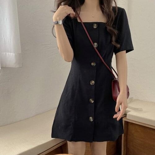 2021 Summer French Cotton Womens Dress A-line Square Neck Thin High Waist Thin Black Dresses British Short Sleeve Mini Dress