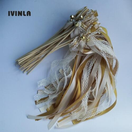 50Pieces/Lot cream lace wedding wands Gold Wedding Ribbon Stic ,ribbon Twirling Streamers for wedding decoration