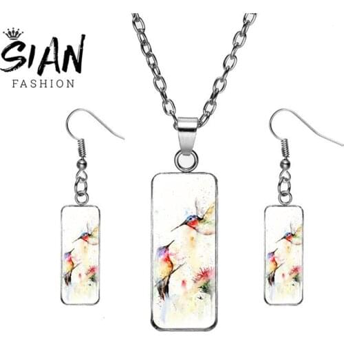 SIAN Beautiful Hummingbird Jewelry Sets For Woemn Fashion Creative Rectangle Necklace Earrings Animal Bird Picture Zoo Souvenirs