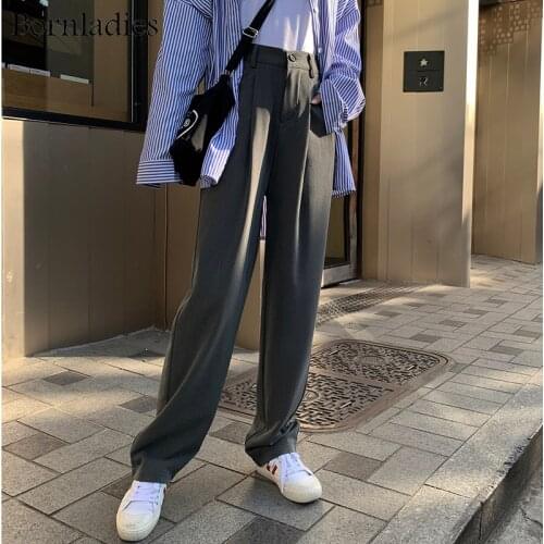 Bornladies Women Chic High Waist Loose Solid Slim Full Length Wide Leg Pants 2021 Fashion Straight Brief Slender Casual trousers