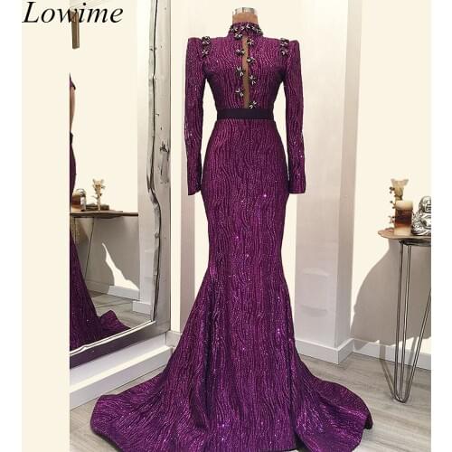 Purple Muslim Formal Evening Dresses 2019 Mermaid Long Sleeves High Neck Dubai Abendkleider Women Prom Party Gowns Vestidos