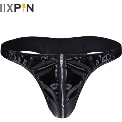IIXPIN Mens Lingerie Jockstraps Gay Briefs with Front Zipper Open PU Leather Underwear Underpants Sissy Sexy Gay Male Panties