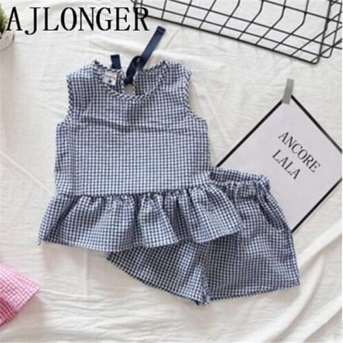 AJLONGER Girls Clothing Sets New Summer Girls Clothes Sleeveless T-shirt+Shorts 2Pcs Kids Clothing Sets Lattice