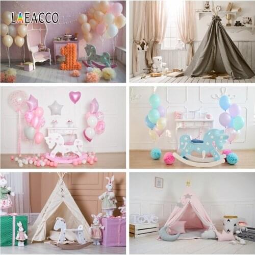 Laeacco Baby Birthday Backdrops for Photography Balloons Trojan Table Photo Backgrounds Children Portrait Photophone Photocall