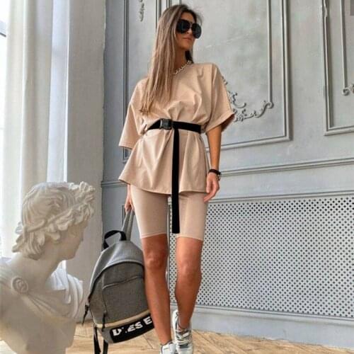 Summer Random Match Casual Solid Color Outfit Womens Two Piece Suit With Belt Home Loose Sports Tracksuits Fashion Pajamas Suit