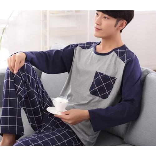 2019 sexemara fashion men shipping cloth 100%cotton o-neck collar long blue sleeve Diamond-shaped lattice print pants