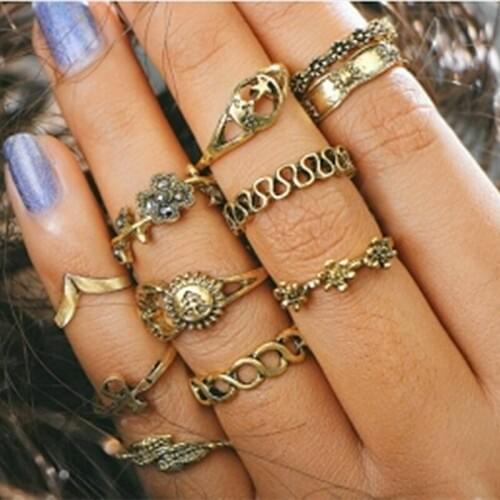 Bohemian 11Pcs/Set Rings Set Vintage Punk Antique Moon Sun Leaf Flower Carved Knuckle Rings For Women Jewelry Gifts Wholesale
