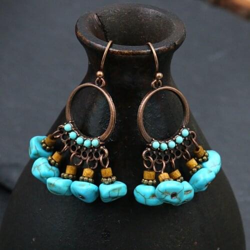 Ethnic Bohemia Blue Turquoises Dangle Earrings Gypsy Exotic Style Bronze Alloy Tassel Earrings Tibetan Jewelry