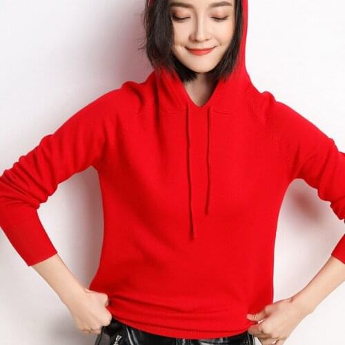 New fashion womens top Autumn winter new hooded sweater women pullover Korean long sleeve loose knitted T-shirt black white red