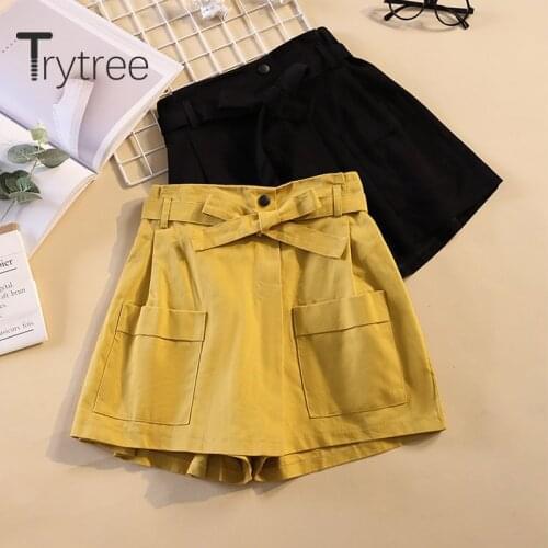 Trytree 2020 Summer women Casual Shorts Solid Wide leg Pockets Belt Button Fashion Elegant 2 Color Office Lady Shorts
