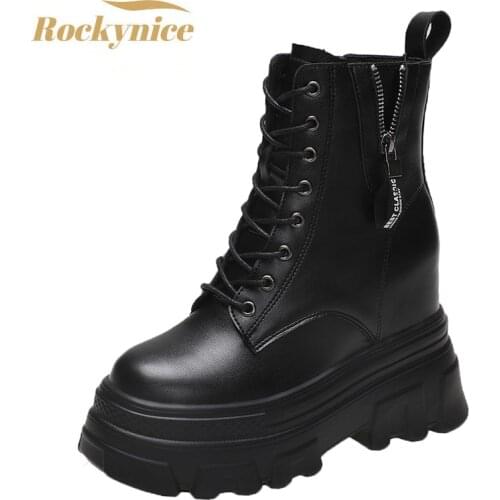 Women Autumn Platform Ankle Boots 2021 Women Winter Warm Fur Chunky Shoes Lace-up Tennis Sneakers Woman Leather Boots Mujer 10cm