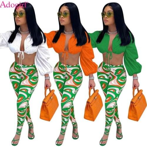 Adogirl Women Casual Two Piece Set Lace Up Long Lantern Sleeve Shirt Crop Top High Waist Leggings Pants 2021 Autumn Clothing