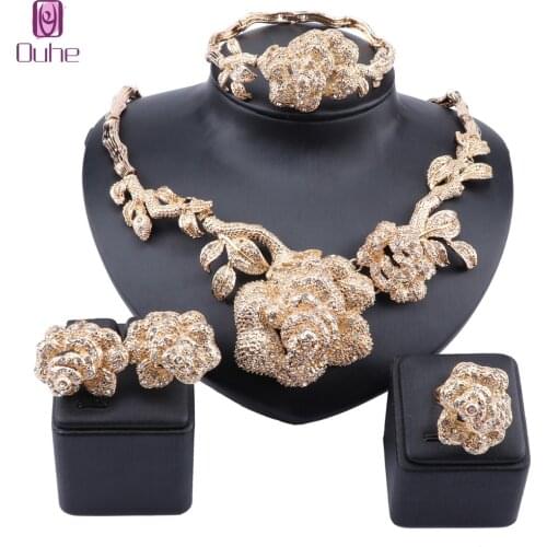 Women Luxury Dubai Gold Color Rose Flower Crystal Necklace Earring Ring Bracelet Wedding Accessories Decoration Jewelry Set