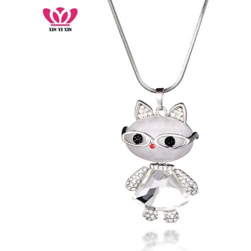 Big Clear Crystal Cat Pendant Necklace Women Gold Color Chains Sweater Long Necklace Cute Pendant Collier Party Jewelry Gifts
