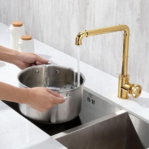 Industrial style gold Brass kitchen sink faucet Single hole single handle cold hot water kitchen faucet Top quality copper tap