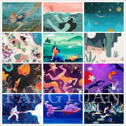 Abstract Protrait Scenery Diamond Mosaic Full Drill Catoon Illustration Diamond Painting Rhinestone Embroidery Wall Art Pictures