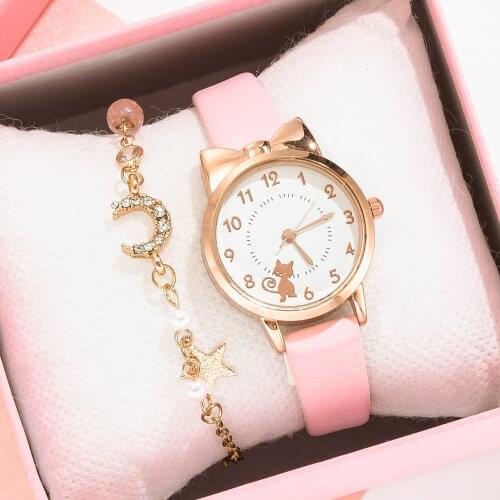Lovely Cat watch with Moon bracelet and Gift Box Childrens Fashion Leather strap Wristwatch Best Birthday Gift for Cute girls
