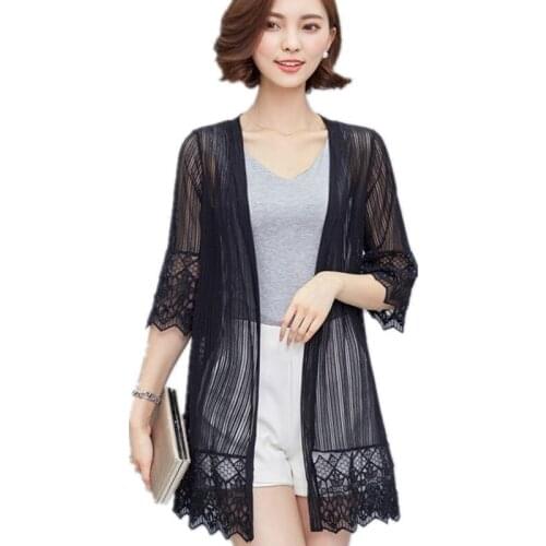 Long Lace Cardigan Jacket New Spring Summer White Black Perspective Loose Thin Outwear Fashion Speaker Sleeves Casual Coat D8