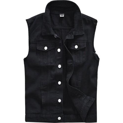 Mens Coat Vests Cotton Ripped Jeans Sleeveless Jacket Black Denim Vest Single-breasted Male Hip Hop Washed Cowboy Waistcoat