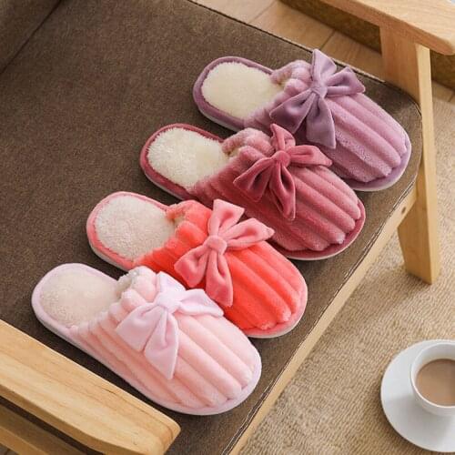 2021 New Home Cotton Slippers Non-slip Soft Bottom Warm Slippers Couple Plush Sewing Shoe Covers Toe Bow Slippers