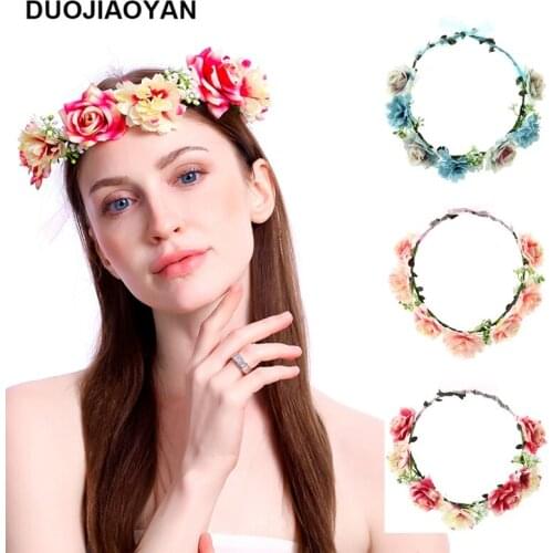 DUOJIAOYAN New Flower Headband Crown Fabric Fairy Hair Accessories Headdress india Wedding Bridal flower Wreath tiara
