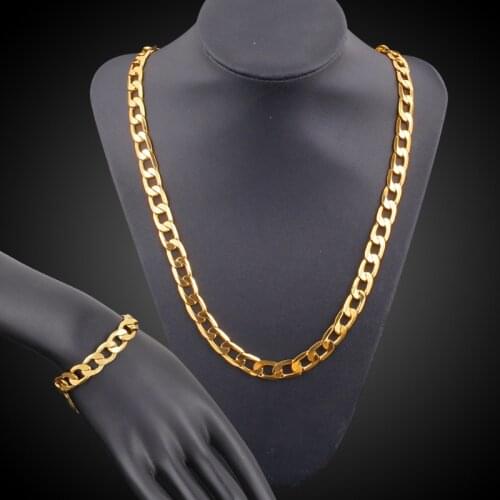Statement Jewelry Set Yellow Gold Filled Mens Necklace+Bracelet Set (24"+8.6")