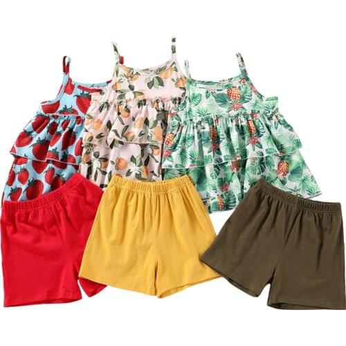 2021 Summer Girl’s Summer Two Piece Set Fashion Fruit Print Suspender Tops and Solid Color Short Pants