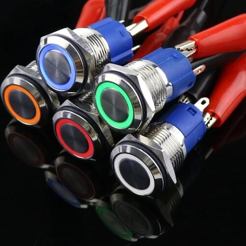 16mm Metal Annular Push Button Switch Ring LED 5V 6V 12V 220V Self-lock Momentary Latching Waterproof locked for Car Auto Engine