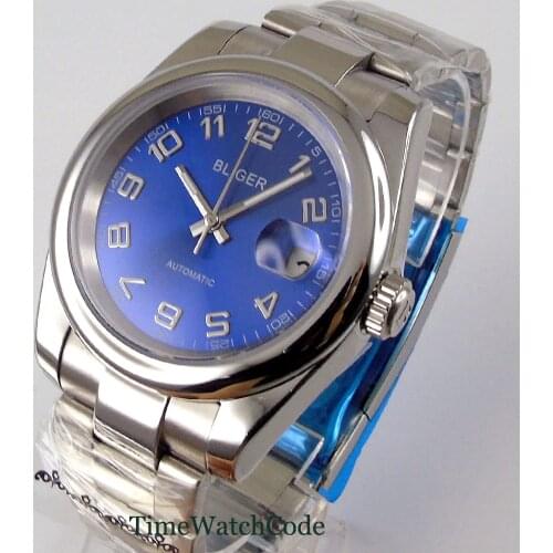 36mm Mens Watch Genuine Miyota 8215 Automatic Movement Blue Dial Sapphire Glass Date Oyster Bracelet Cyclops Polished Bliger