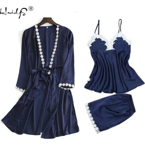 Casual Pyjamas for Women 2021 Spring Summer Pajama Suit Lace Sleepwear 3pcs Set Sexy Silk Robe Set Loose Pijamas Mujer Nightwear