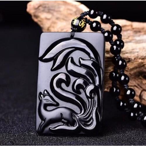 Drop Shipping Natural Black Obsidian Pendant Nine Taile Fox Lucky Blessing Amulet Necklace Carved Handwork Crystal Jewelry
