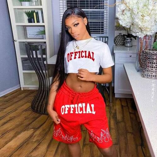 Letter Print Athleisure 2 Piece Outfits Women Casual Short Sleeve Crop T-shirts & Drawstring Loose Biker Short Sport Tracksuits