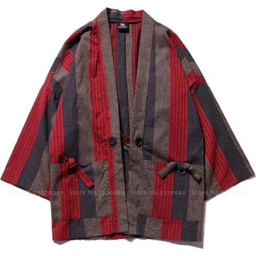Japanese Traditional Kimono Robes Men Cotton Striped Yukata Haori T-shirt Chinese Style Cardigan Summer Beach Loose Blouse Coats