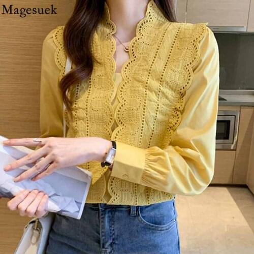 Fashion Ruffle Lace Stitching Womens Shirts Autumn French V Neck Hollow Out Blouse Vintage Loose Womens Long Sleeve Top 16618