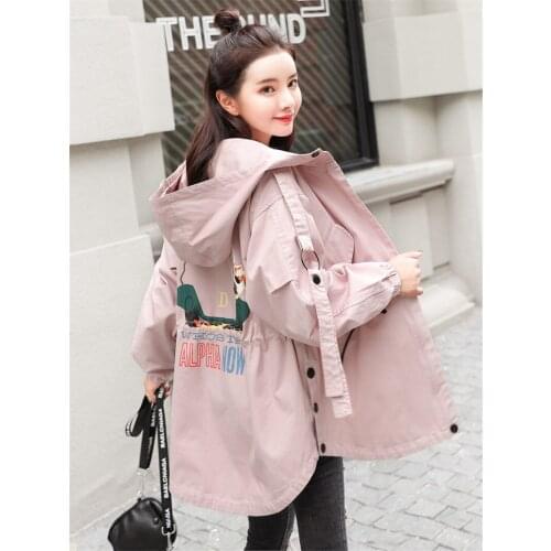 Plus Size Loose Women Fashion Windbreaker 2021 New Spring Jacket Female Hooded Print Drawstring Irregular Female Outwear aq200