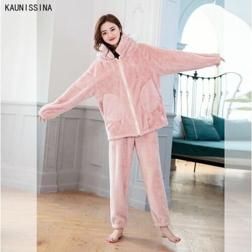 Women Winter Nightwear Pajamas Set Hooded Long Sleeve Soft Fleece Flannel Nighties Pajamas Female Sleepwear Warm Home Clothing