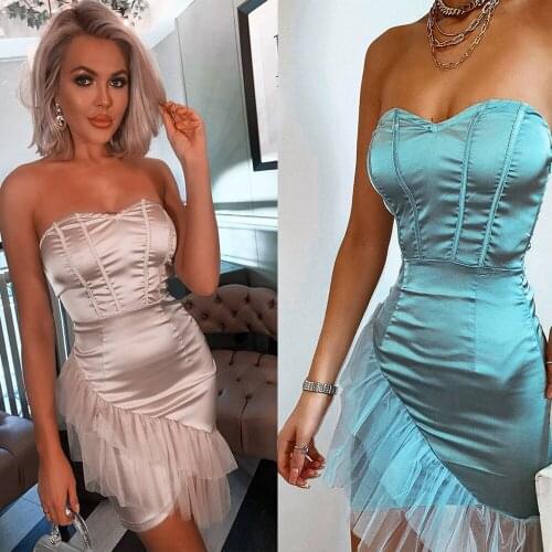 SKMY Sexy Satin Irregular Mesh Patchwork Bodycon Mini Dress Solid 2021 Summer Women Clothing Sleeveless Strapless Tube Dress