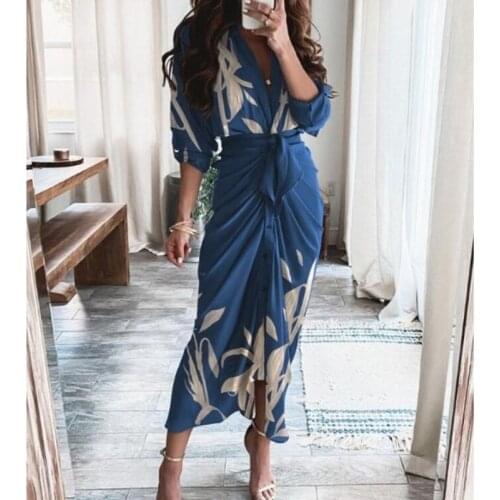 2021 Elegant Casual Summer Women Dress Three Quarter Sleeve V-Neck waist Lace-up Collect Waist Ankle-Length Office Lady Dress