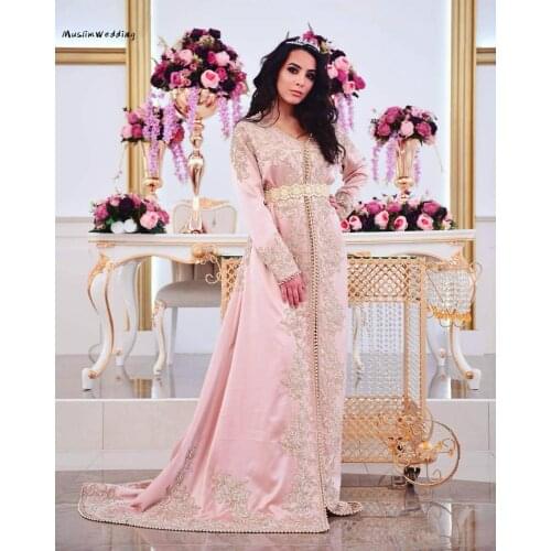 Luxury Morrocan Arabic Evening Dress Pink Long Sleeve Embroidery Muslim Prom Dresses 2020 Long Sleeve Arabic Formal Party Gowns