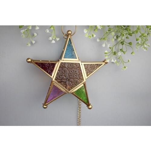 1PC Glass Candle Holders Moroccan Star Candlestick Metal Home Garden Lamps Large Hanging Tea Light Lanterns for Home Decor MK025
