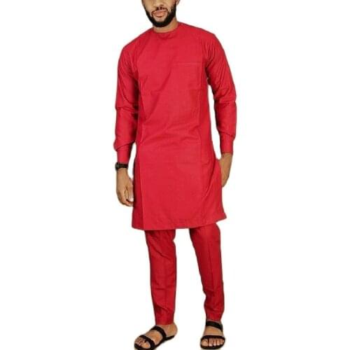 African Fashion Mens Groom Suit Solid Red Tops+Trousers Custom Made Man Dashiki Outfits Pant Set For Party