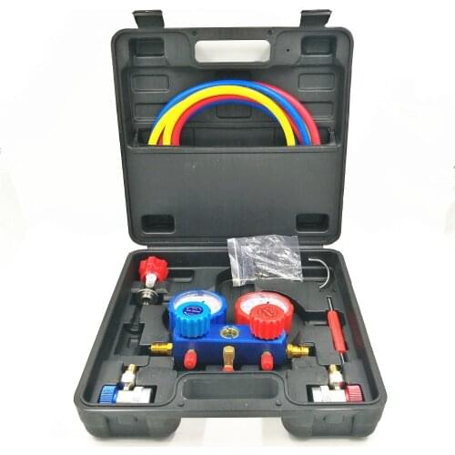 Car Air Conditioner R134A Manifold Gauges Freon Refrigerant Pressure gauge + Tricolor Fluoridated Tube Hoses+2pc Quick Couplers