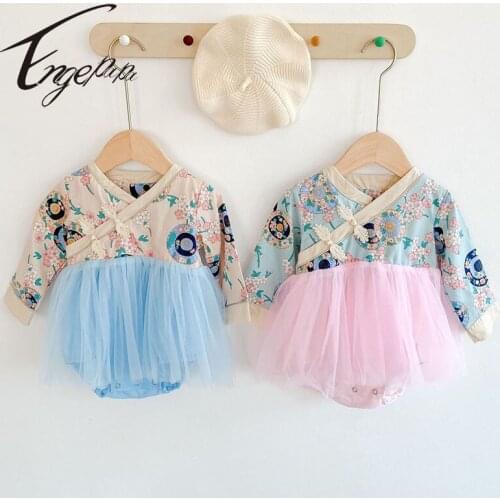 Engepapa Ethnic Style Mesh Stitching Printing Princess Dress Romper Spring Autumn Newborn Baby Girls Cotton Jumpsuit