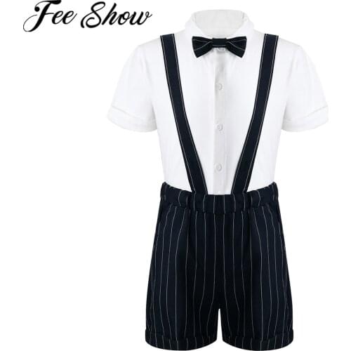 Summer Baby Boys Formal Gentleman Suits Shorts Sleeves White Bow Tie Shirt Stripe Suspender Shorts Sets Wedding Birthday Outfit