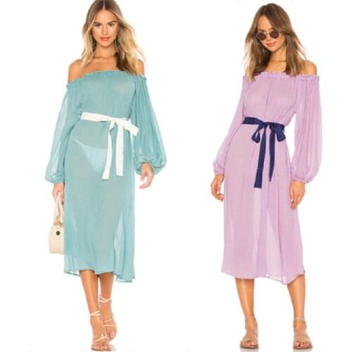 Women Chiffon Summer Beach Dress, Off Shoulder Maxi Dress Holiday Swimwear Cover Up
