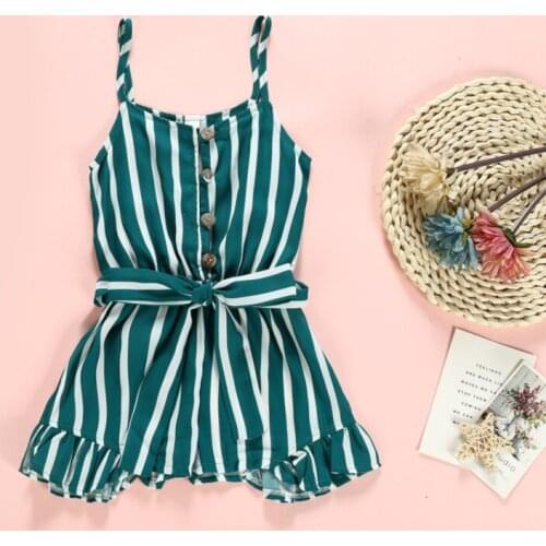 Summer One Piece Toddler Baby Kids Stripe Button Belt Girls Bodysuit Jumpsuit Outfit Clothes