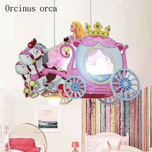 Cartoon creative carriage chandelier girl bedroom Princess Room childrens room lamp modern lovely pink princess pendant lamp