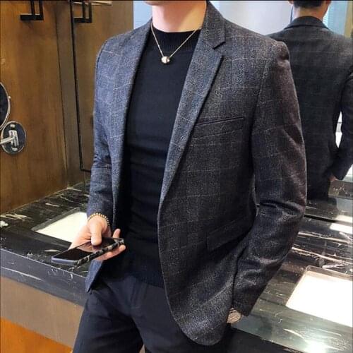 Men British Style Business Social Banquet Formal Suit Blazer Korean Version Groom Wedding Party Plaid Blazer