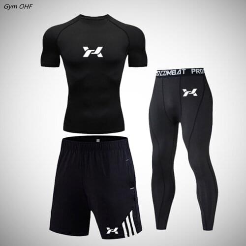 Mens Sports Suit BJJ Fighting Suit Boxing Suit Jogging Tight Suit High Jump Sports Suit Stretch T-Shirt Quick Drying Pants MMA