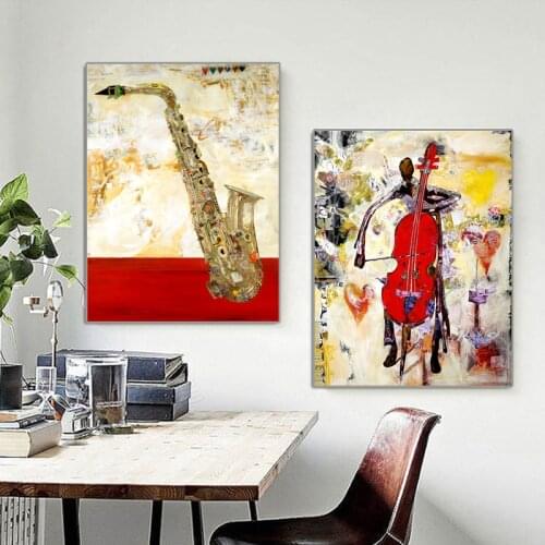 Musical Instrument Cello Saxophone Oil Painting on Canvas Prints Picture Mural for Stairs Room House Gallery Home Decor Cuadros